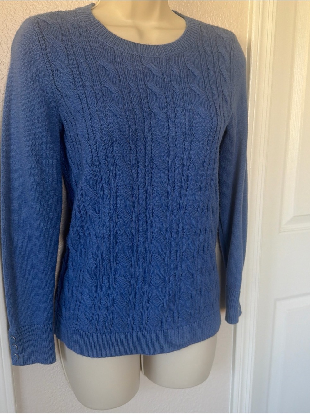 Talbots Sweater Women Petite XS Blue Cable Knit Cotton Preppy School Girl Crew